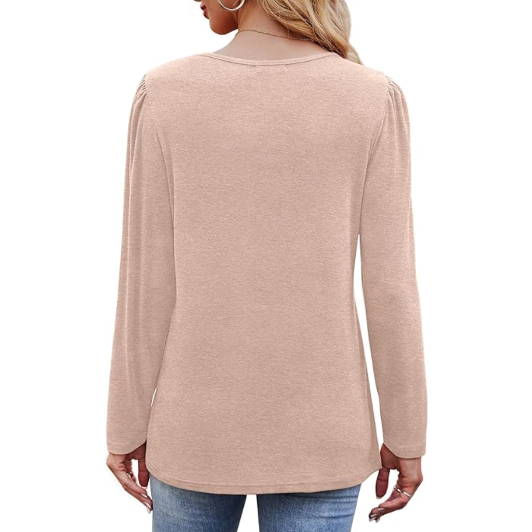 Plus size women's pleated long sleeve tunic top in elegant plissé fabric, front view