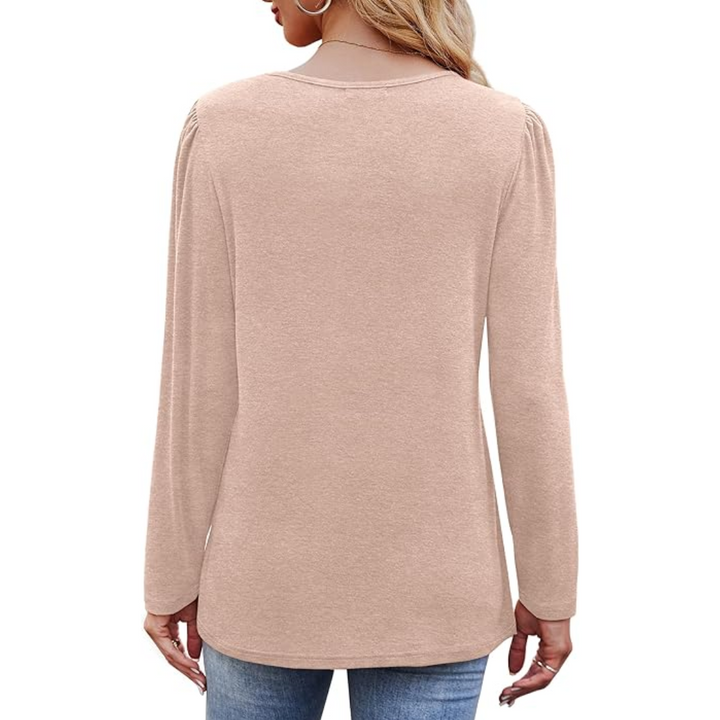 Plus size women's pleated long sleeve tunic top in elegant plissé fabric, front view