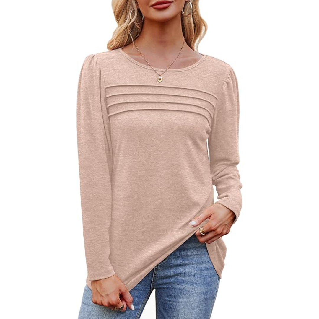 Trendy pleated long sleeve tunic for women, showcasing the unique plissé texture and relaxed fit