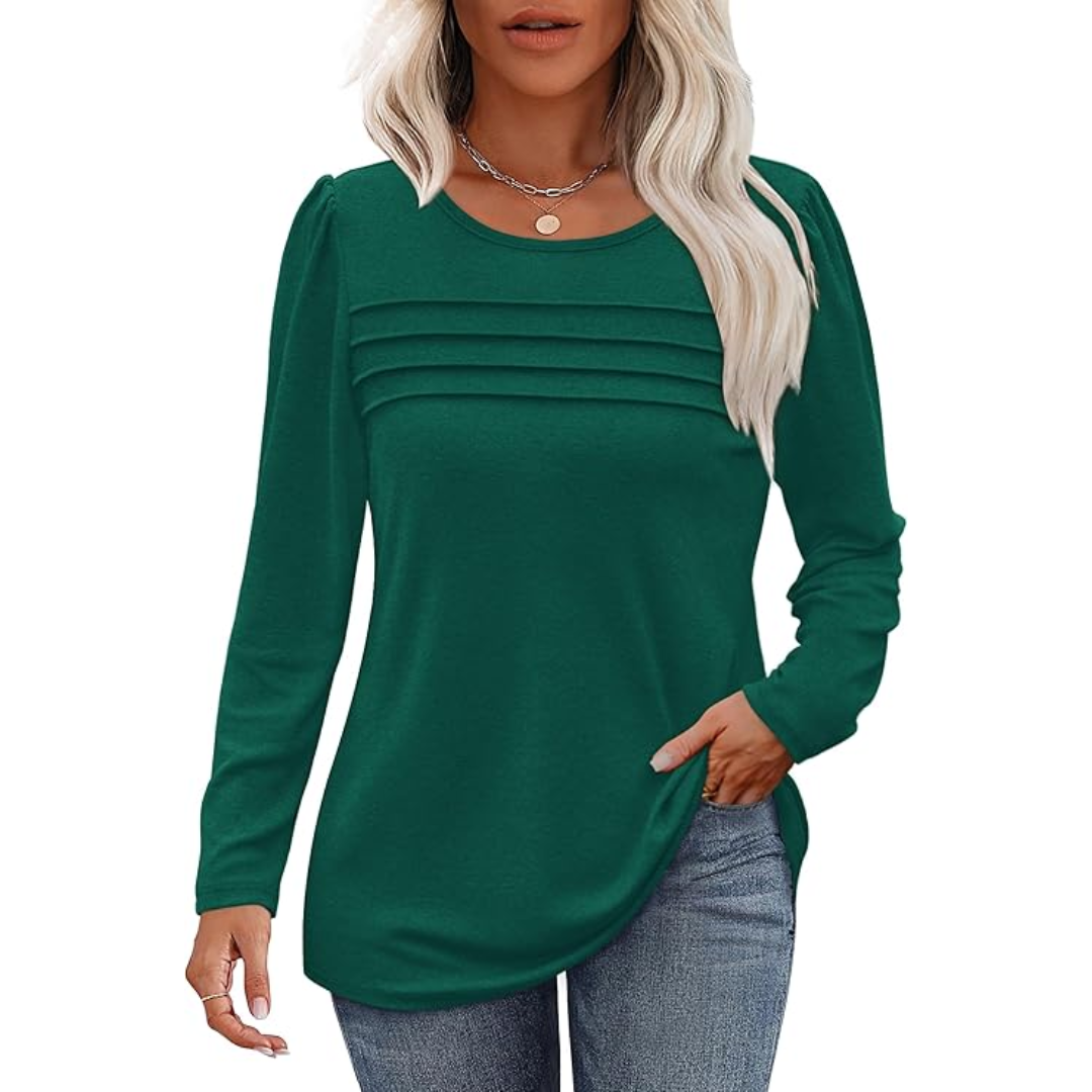 Side view of the women's plissé long sleeve tunic, showing the comfortable and elegant drape