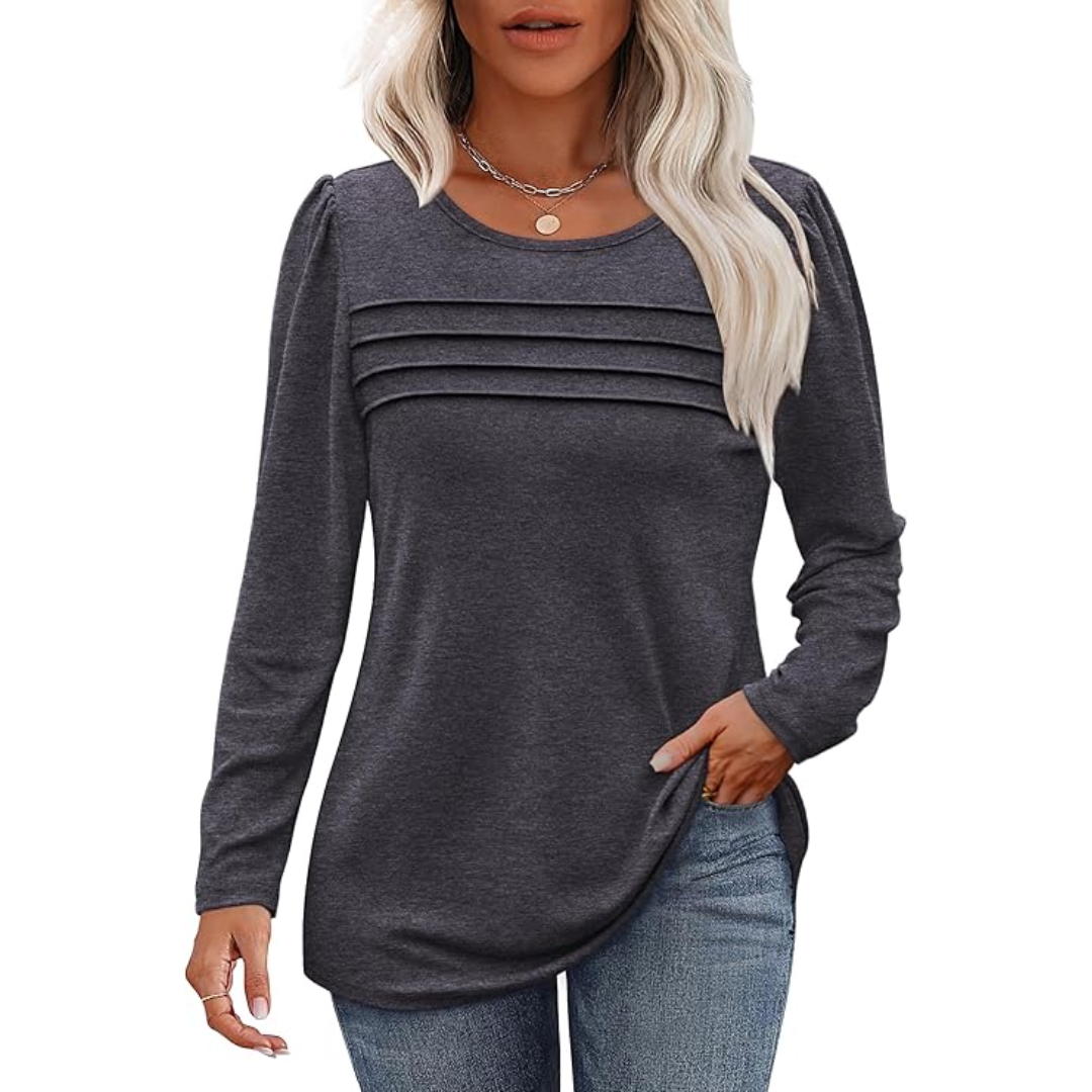 Stylish plus size pleated tunic for women with long sleeves, offering a flattering fit