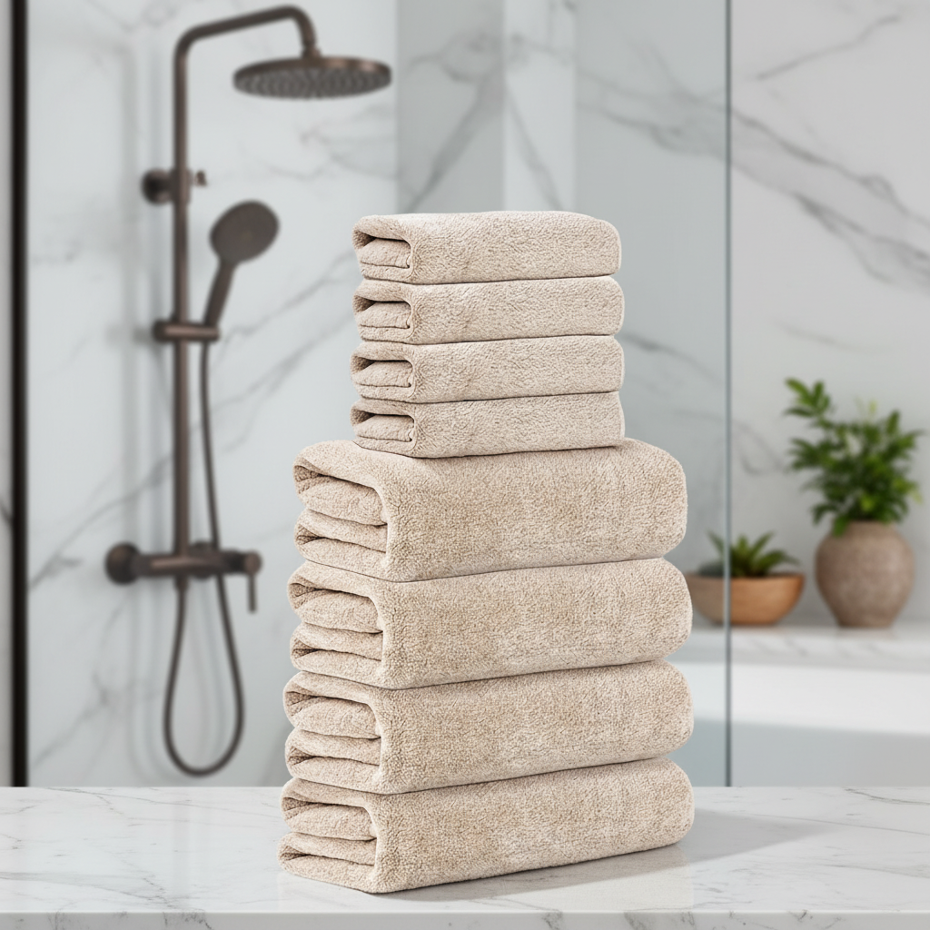 Plush 8-piece coral velvet towel set in blush pink, including bath and hand towels, for luxury bathroom decor