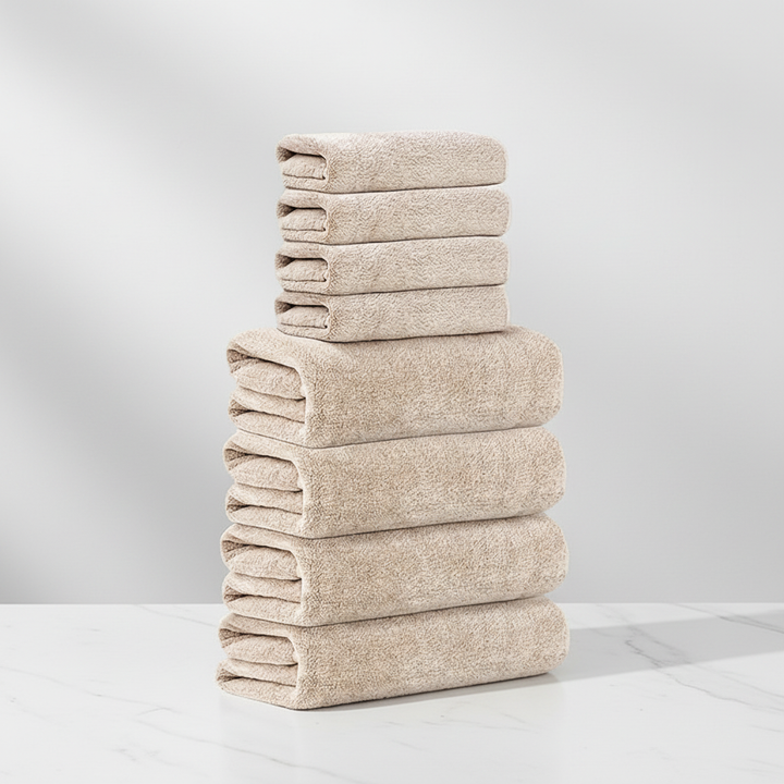 Soft blush coral velvet bath towel from an 8-piece set, highlighting quick-dry and absorbent features