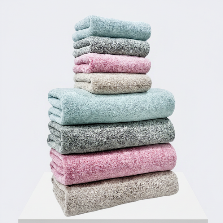 Folded 8-piece blush coral velvet towel set, neatly stacked for a stylish bathroom linen display