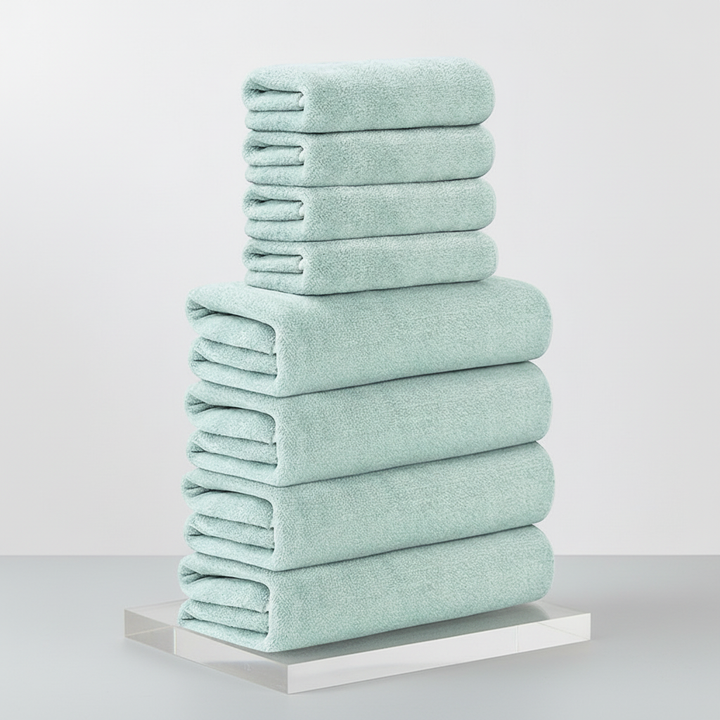 Elegant coral velvet bath and hand towels in blush, 8-piece set, ideal for a soft and absorbent home decor accent