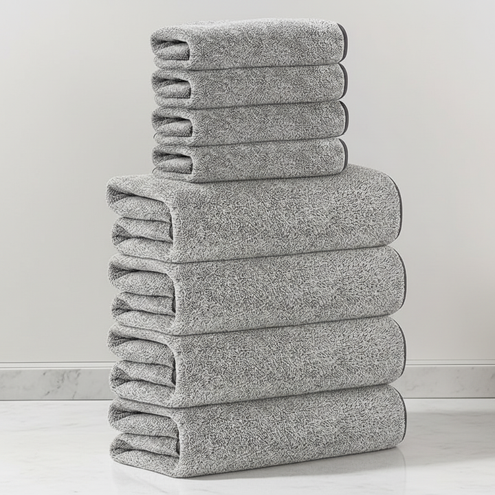 Full view of the 8-piece coral velvet towel set in blush, demonstrating its complete offering for bathroom linens
