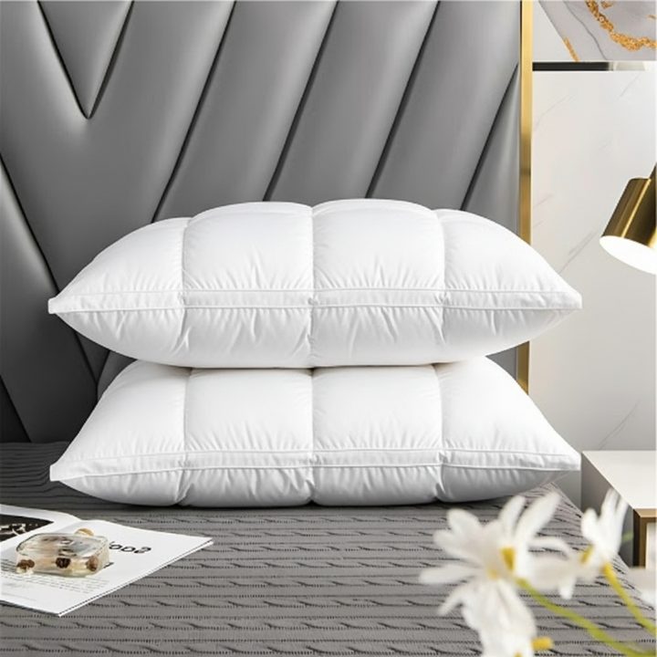 Soft cotton plush pillow, hypoallergenic for restful sleep. Provides balanced head & neck support, essential bedding.