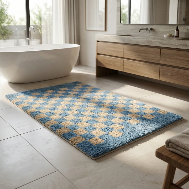 Plush Checkered Bath Mat, soft & absorbent, for ultimate bathroom comfort & safety. Non-slip design.