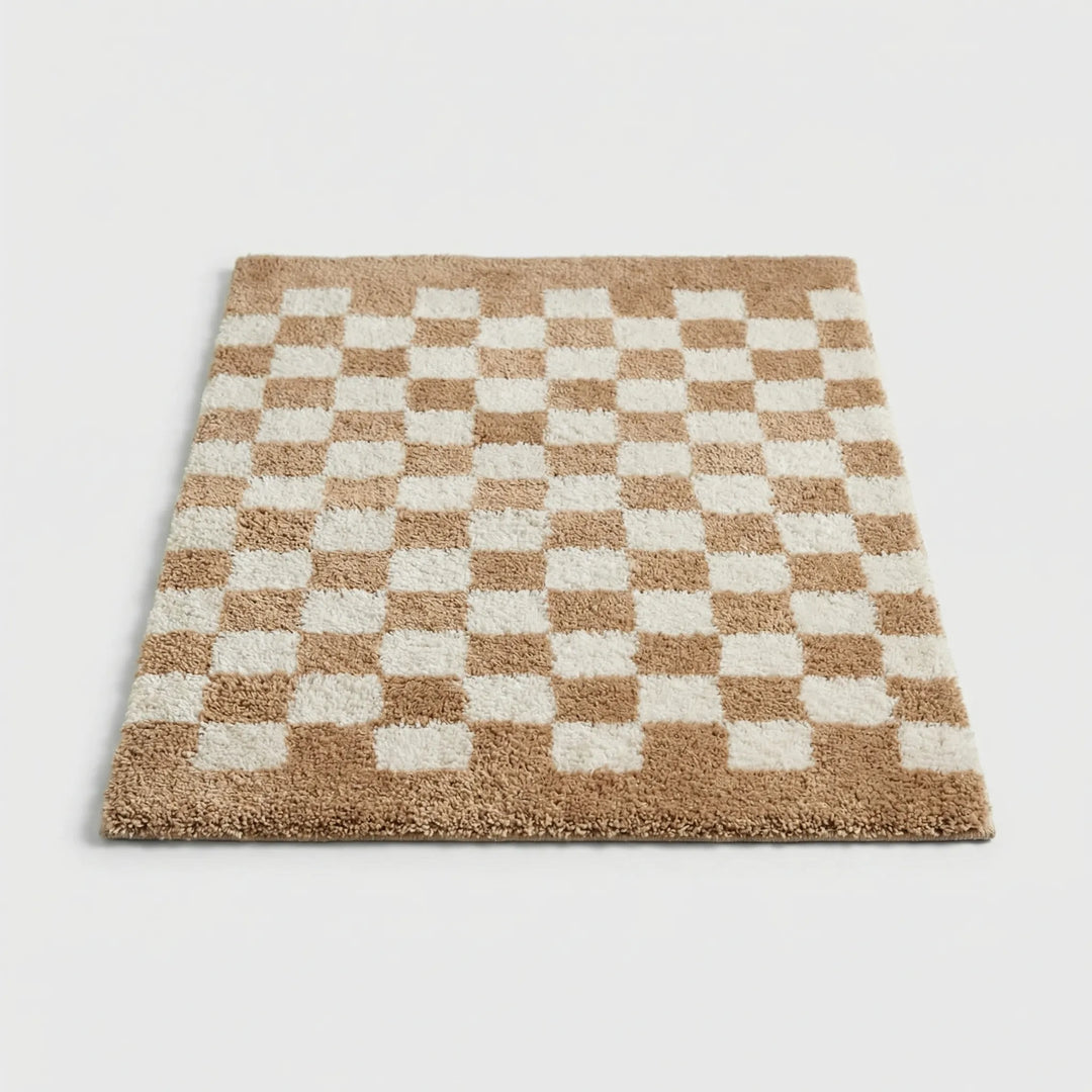 Luxurious PlushiGrid Checkered Bath Mat; super soft, highly absorbent & non-slip for safe bathroom use.