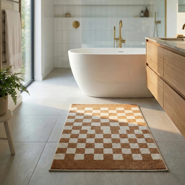 Comfortable Checkered Plush Mat; an absorbent & non-slip bath mat for modern home comfort.