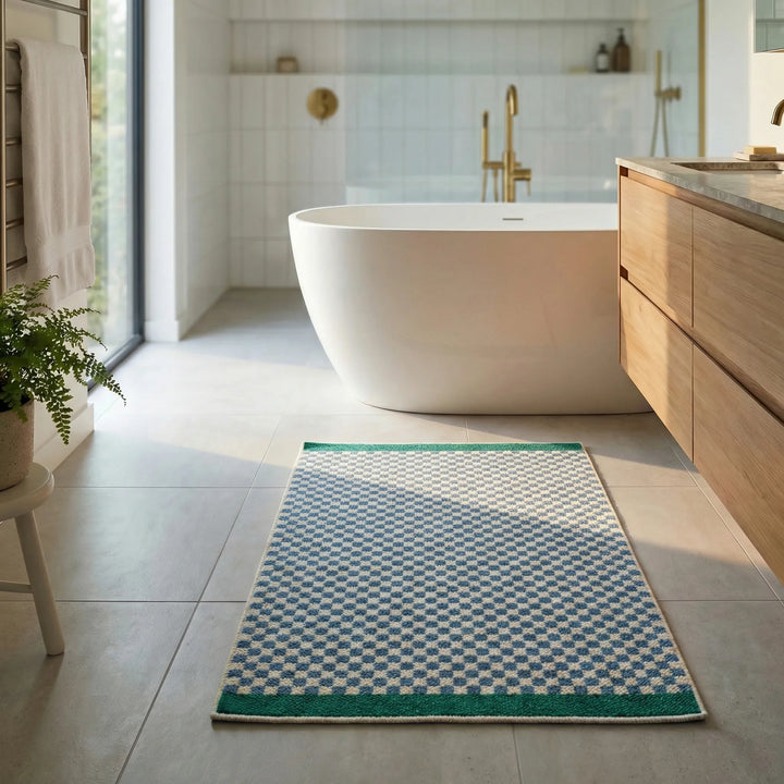Elegant PlushiGrid Bath Mat, a soft, checkered rug offering superior absorbency & non-slip safety.
