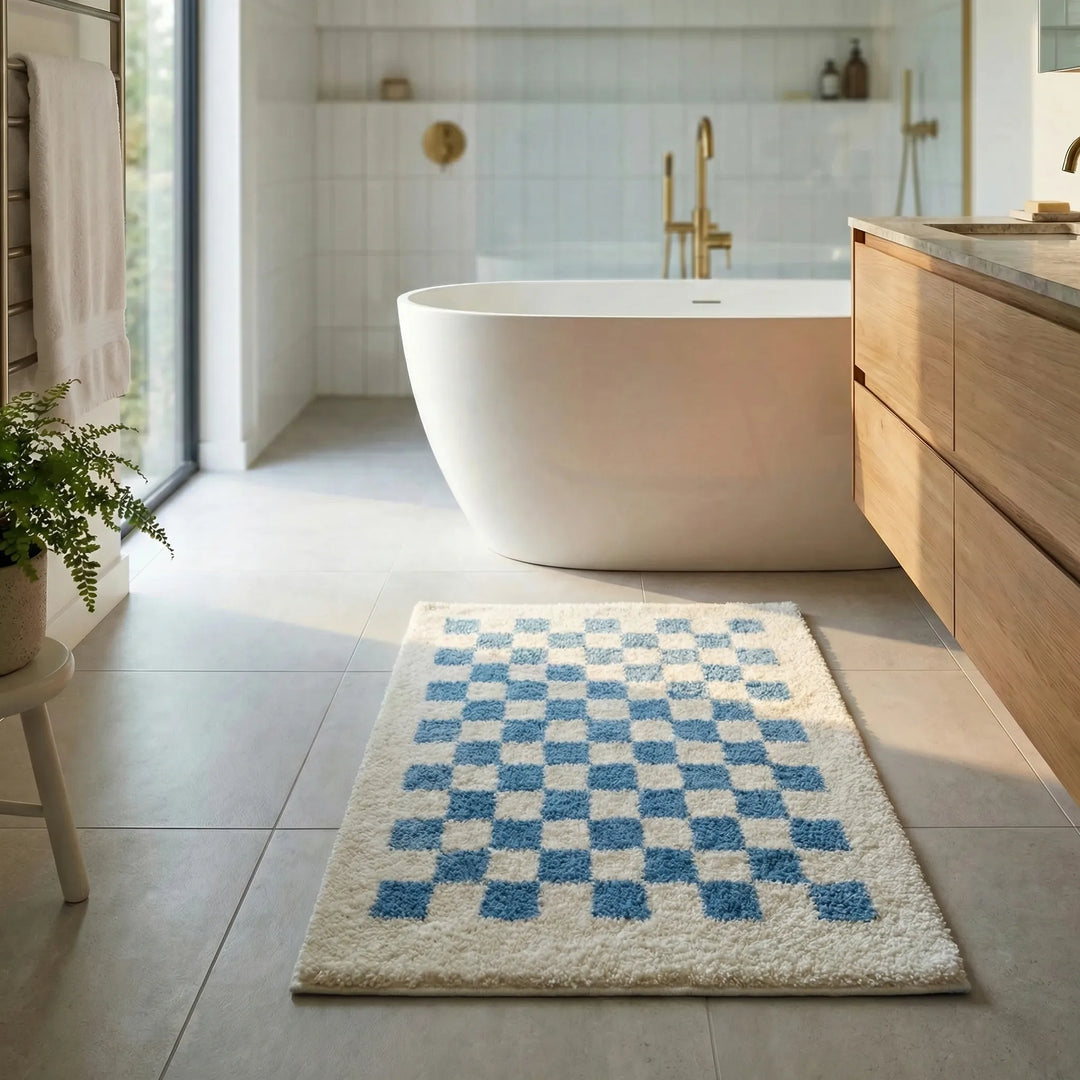 Premium Plush Checkered Bathroom Rug, designed for ultimate comfort, absorbency & non-slip grip.