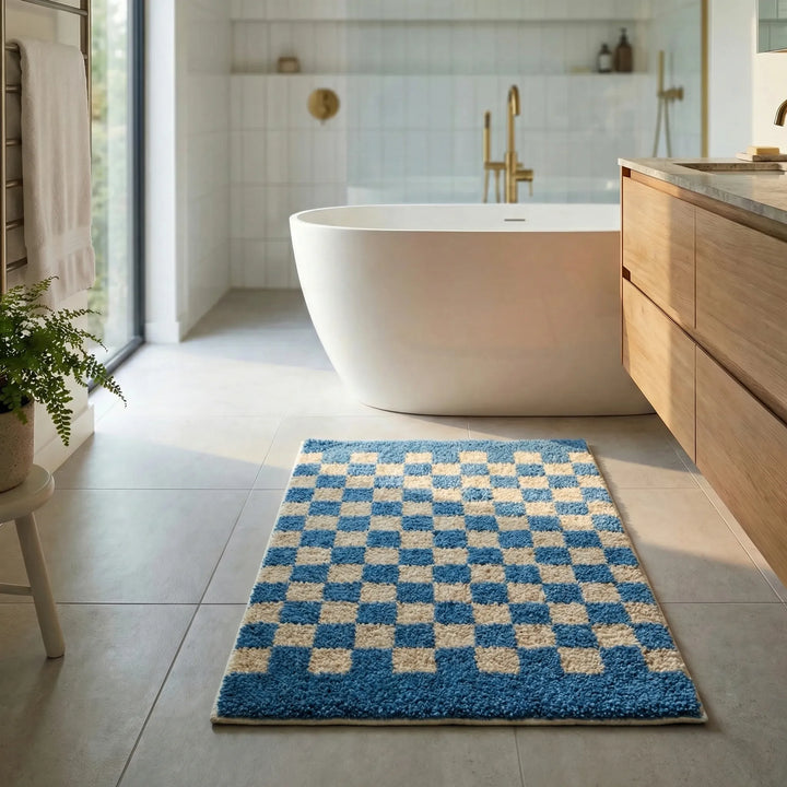 Ultra-soft Checkered Floor Mat, a luxurious bath mat that's absorbent, plush & slip-resistant.