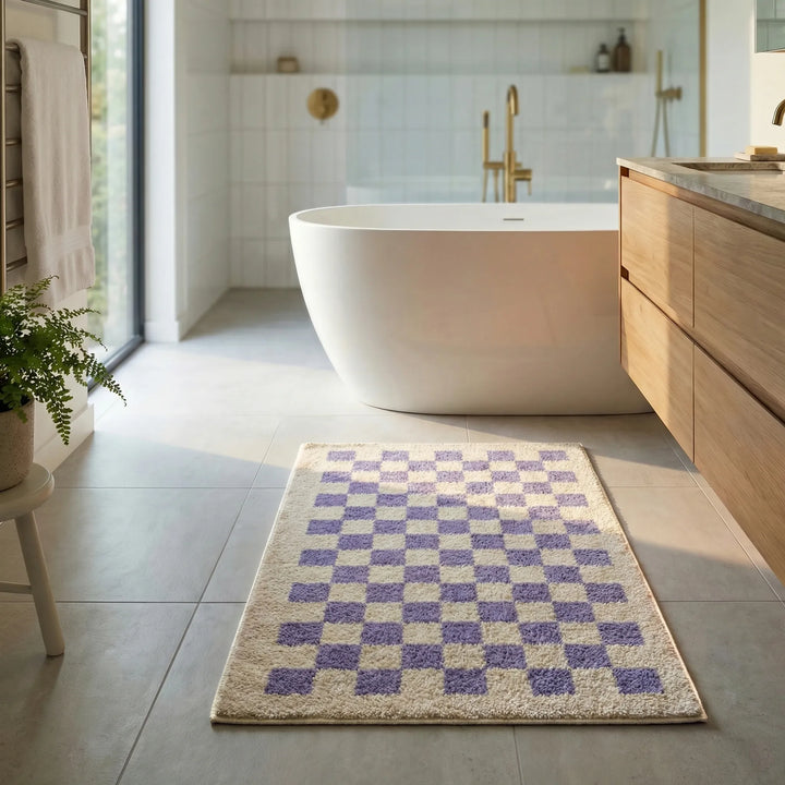 Modern Checkered Plush Bath Mat, providing ultimate foot comfort, absorbency & safety in your home.