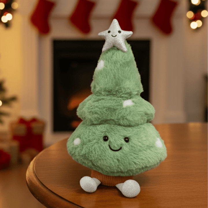 Plush Christmas Tree Figurine, a festive home decor accent. Ideal holiday decoration for tabletop displays.