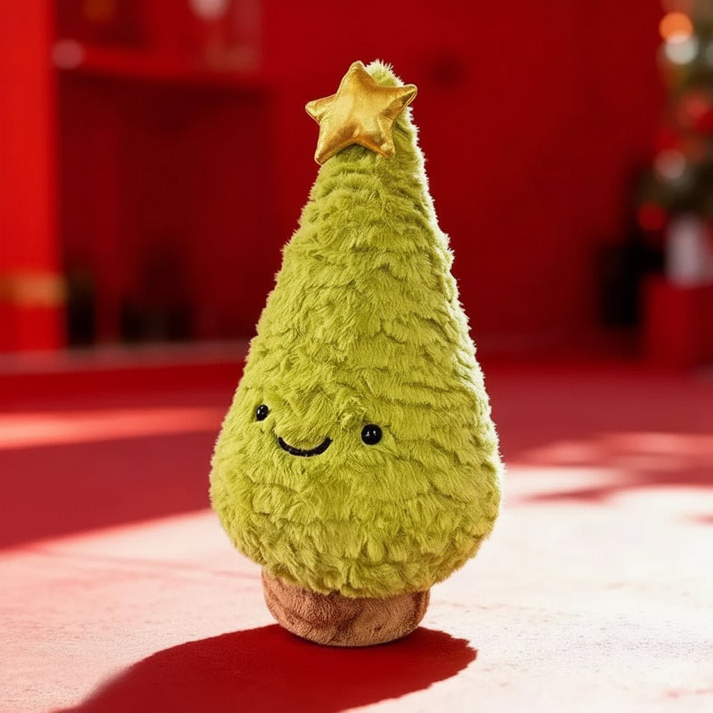 Whimsical plush Christmas tree figurine, a light green holiday decoration perfect for festive home decor.