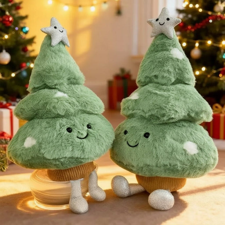 Cute light green plush Christmas tree figurine, perfect tabletop holiday decoration for festive homes.