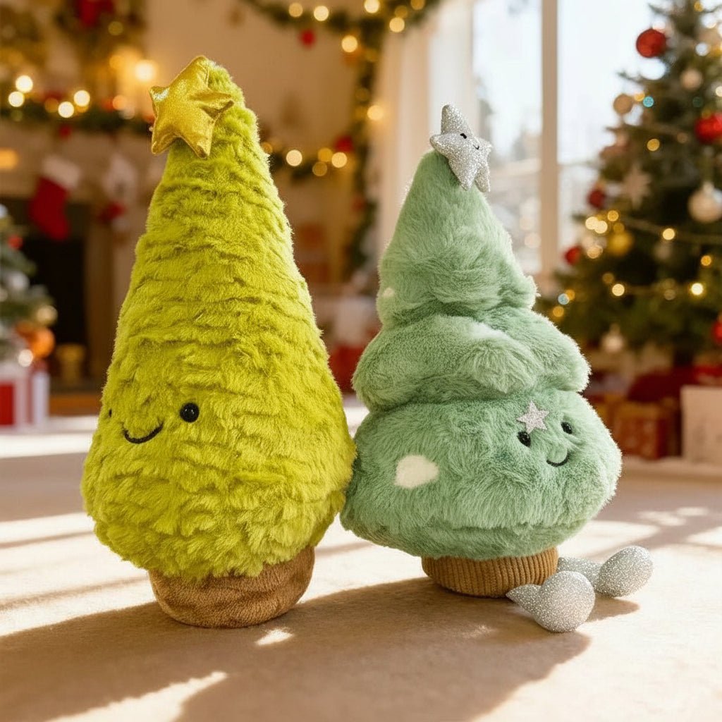 Green plush Christmas tree figurine, delightful seasonal accent for home decor or a thoughtful Christmas gift.