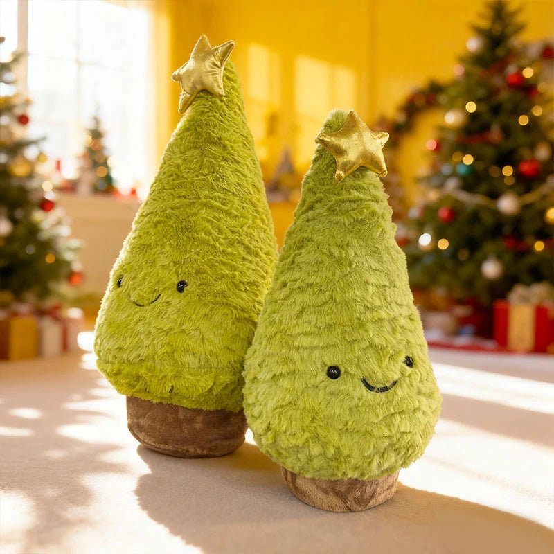 Charming light green plush tree figurine for Christmas decor. Perfect seasonal accent and holiday decoration.