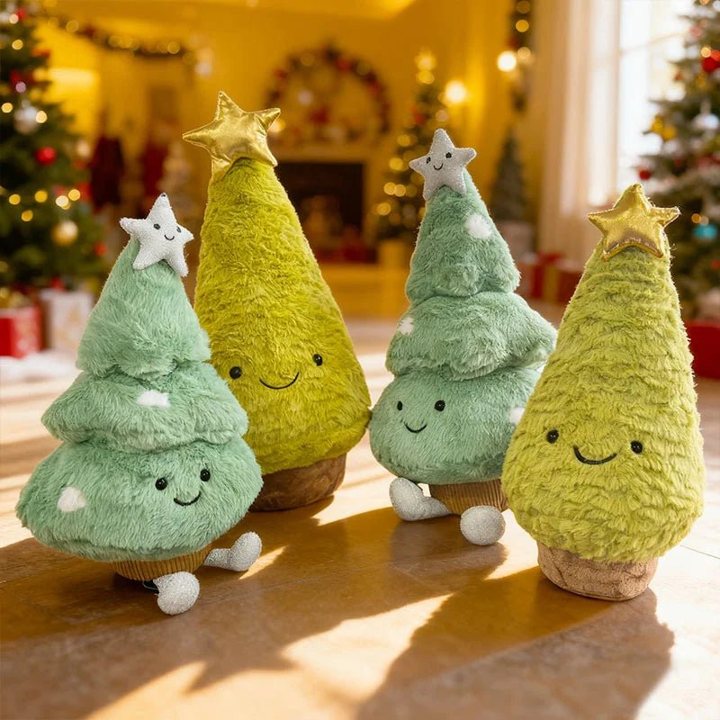 Adorable plush Christmas tree, a festive figurine ideal for tabletop display and winter home decoration.