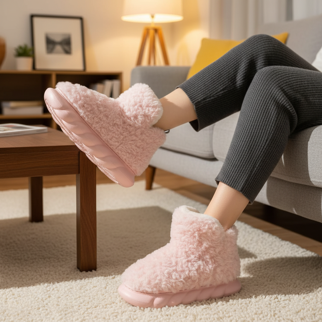 Plush cream-colored TeddyEase women's slippers, soft indoor footwear for ultimate comfort and warmth.