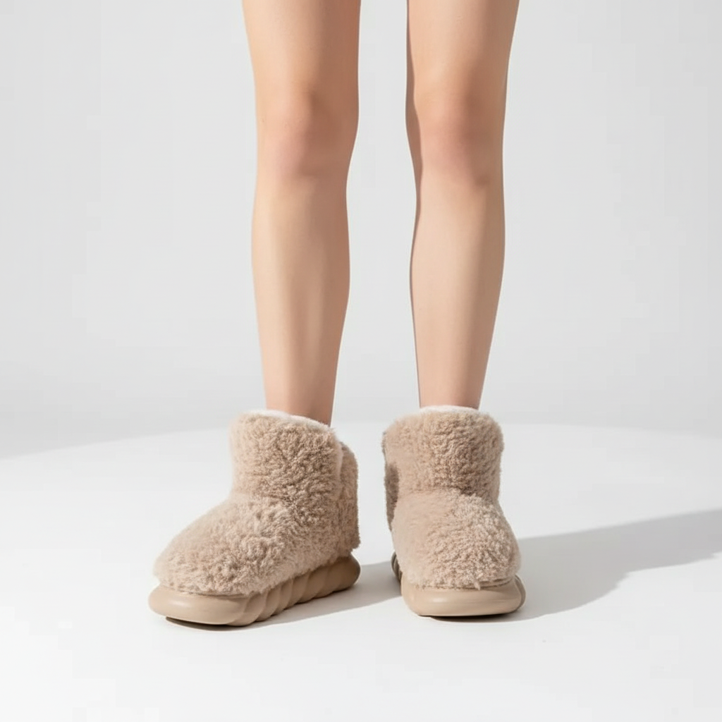 TeddyEase plush women's slippers, beige fuzzy house shoes offering supreme comfort and style.