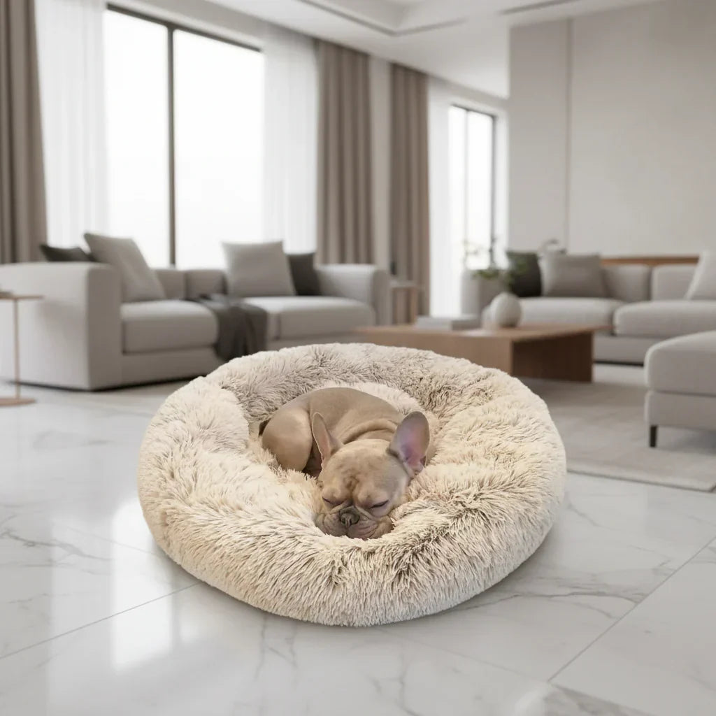 Plush dog lounger for calming, anti-anxiety sleep. Soft pet bed, machine washable, ultimate comfort.