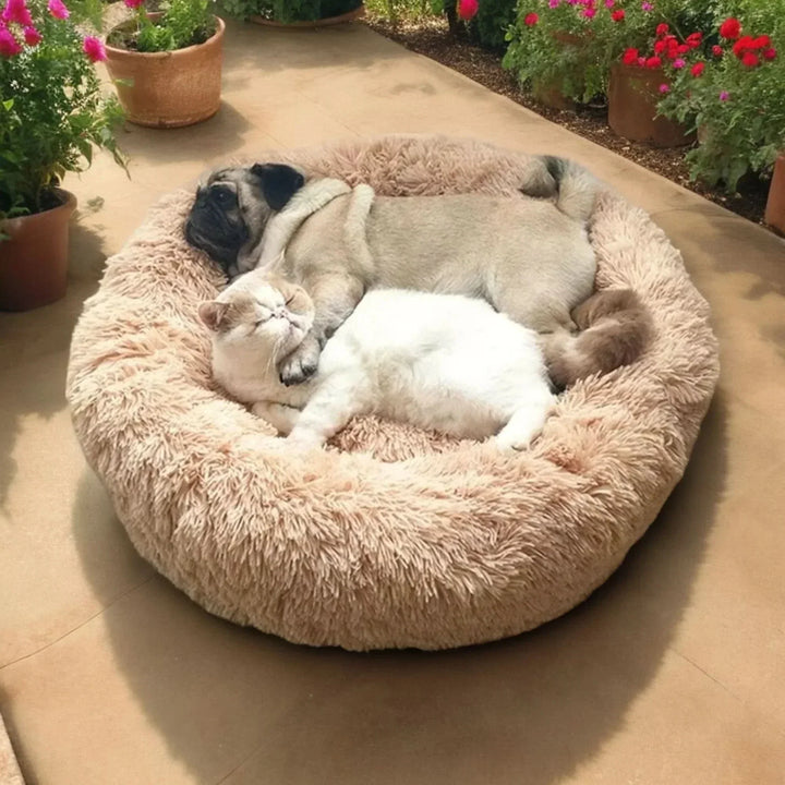 Round donut plush dog lounger. Calming pet bed for deep, anti-anxiety sleep & supportive comfort.