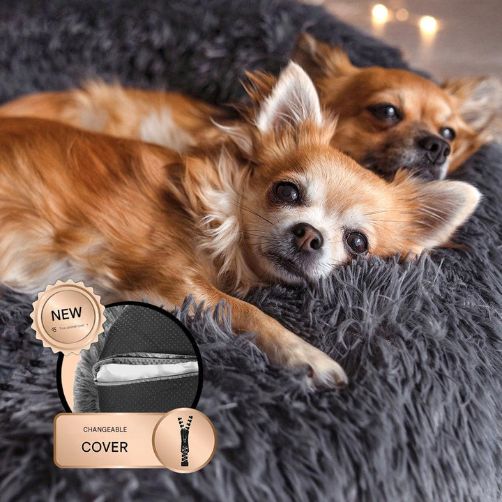 Brown donut dog bed for large dogs, providing a secure and calming space for restful sleep