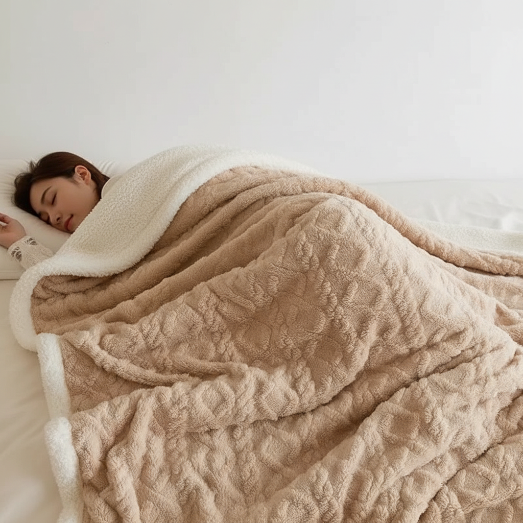 A neutral-colored double-sided blanket, featuring fleece and lambswool textures, perfect for bedding warmth.