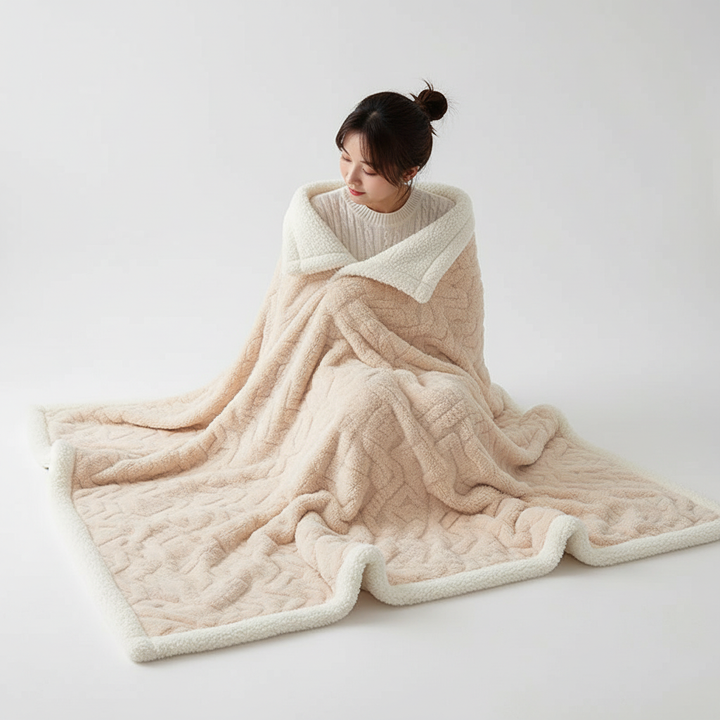Stylish double-sided blanket of fleece and lambswool, draped over an armchair, offering warmth and comfort.