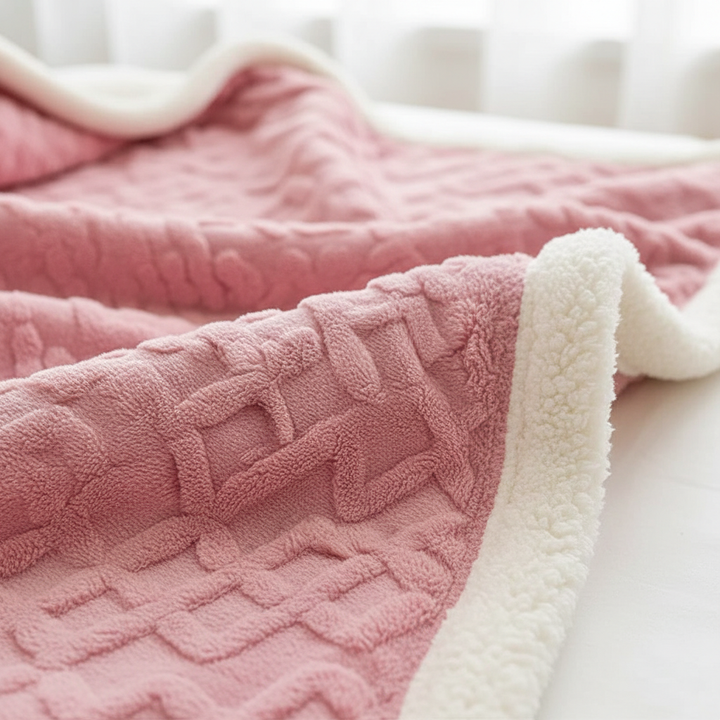Warm double-sided blanket, featuring soft fleece on one side and luxurious lambswool on the other, close-up texture.