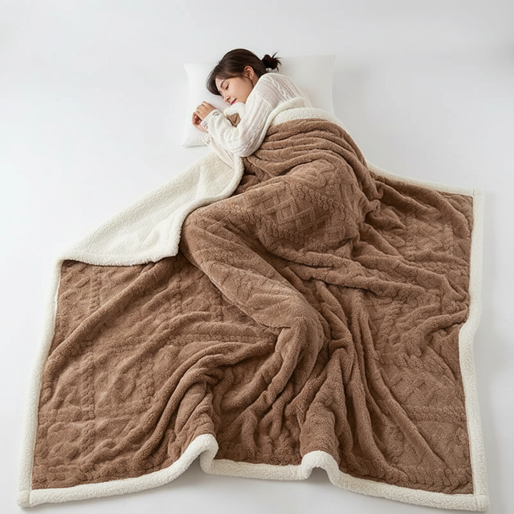 Textured close-up of a double-sided blanket showing the soft fleece and insulating lambswool for warmth.
