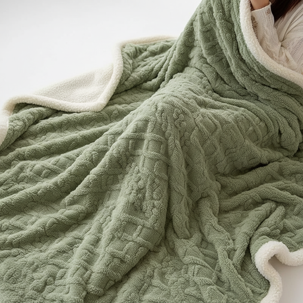 Luxurious double-sided fleece and lambswool blanket artfully folded on a bed, providing ultimate warmth.