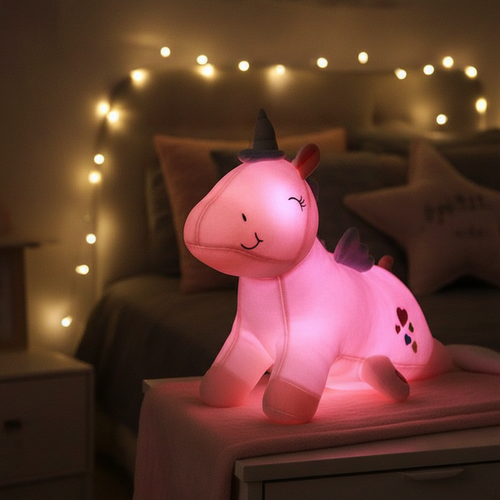 Plush glow-in-the-dark unicorn cushion, soft velour, for kids room decor & comfort