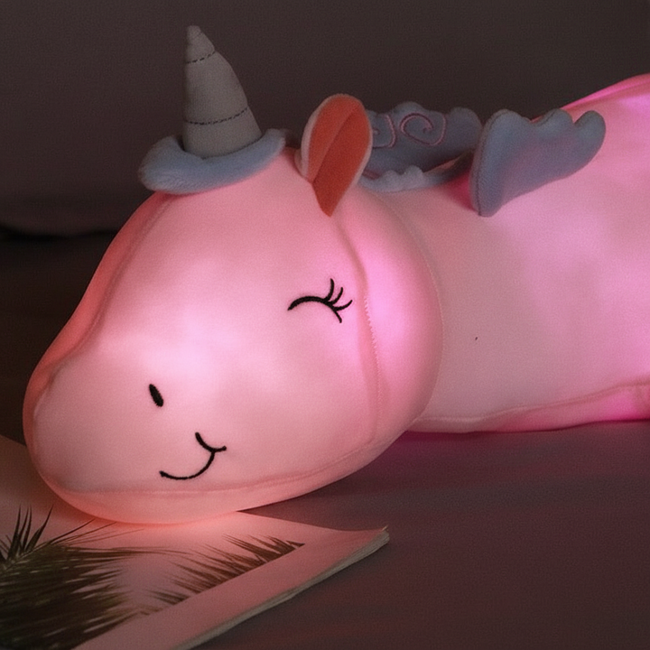 Soft velour glow unicorn cushion, ideal baby gift & kids room comfort toy