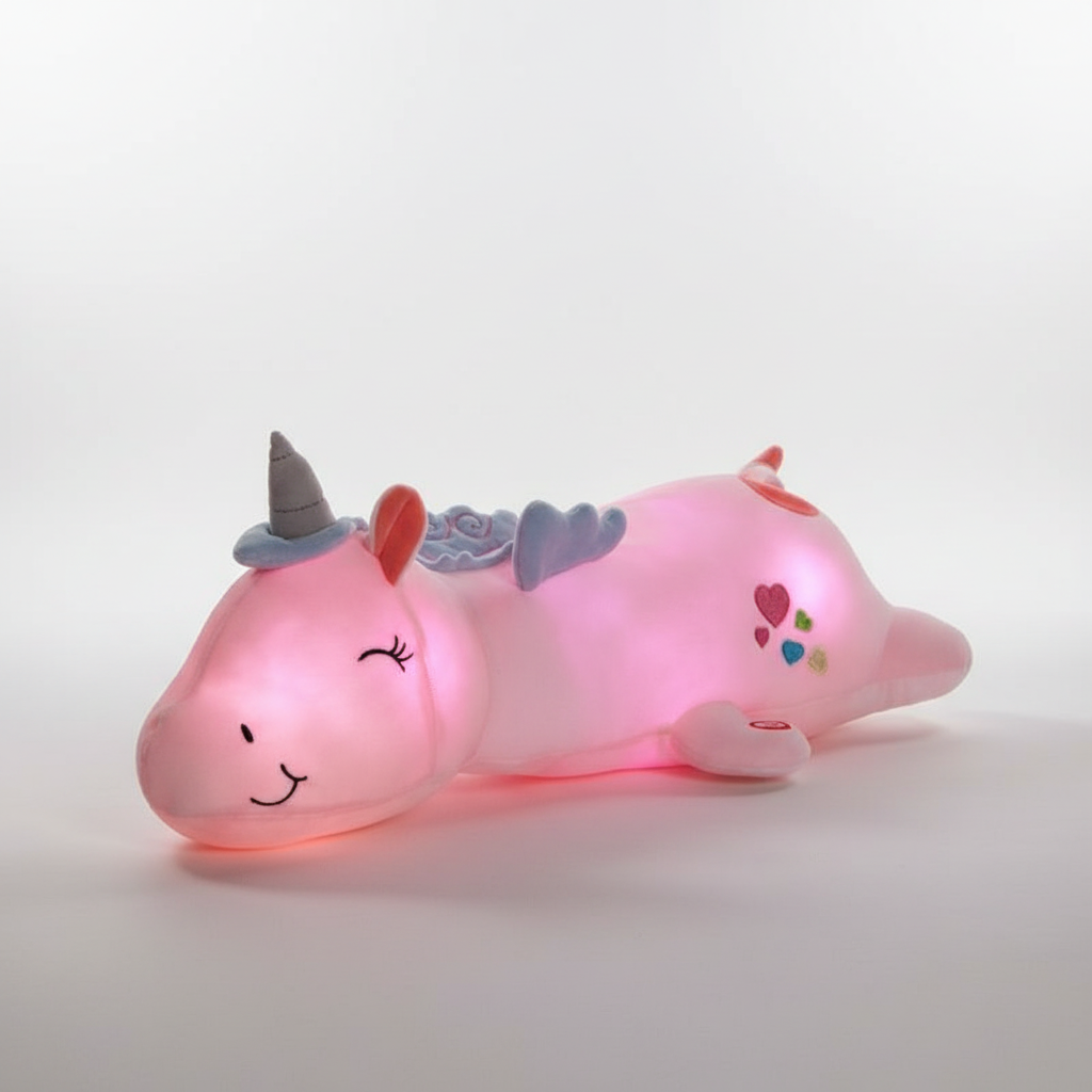 Dreamhorn children's plush unicorn, glowing cushion for a magical night light effect