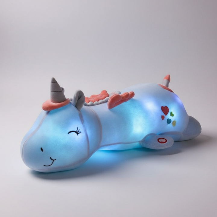 Unicorn glow-in-the-dark velour cushion, cozy comfort toy for kids bedroom decor