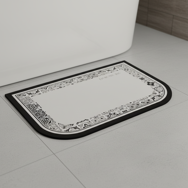 Plush grey anti-slip bath mat, soft and absorbent, adding comfort and safety to a modern bathroom.