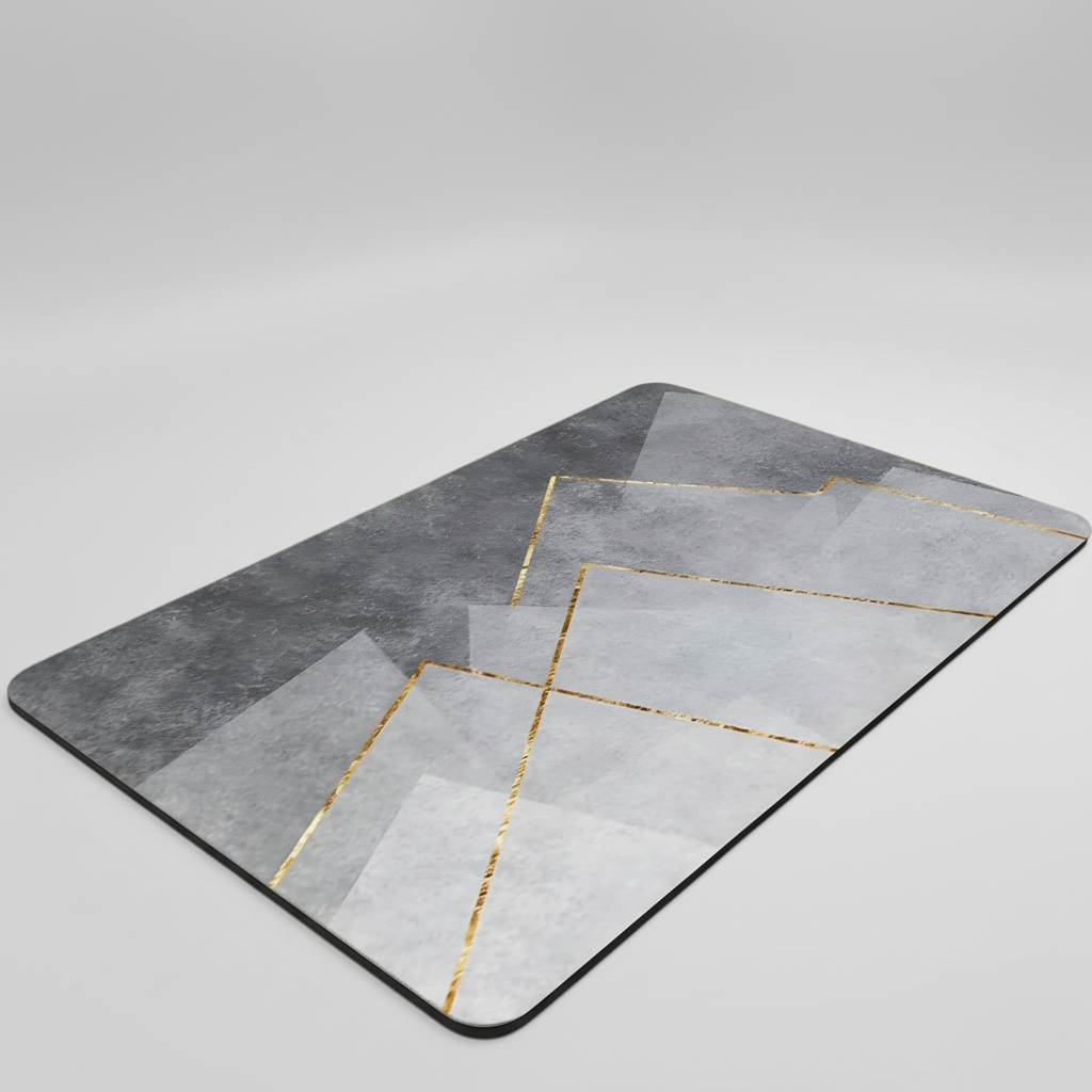 Top-down view of a rectangular, soft anti-slip bath mat, neutral color, blending with various bathroom decors.