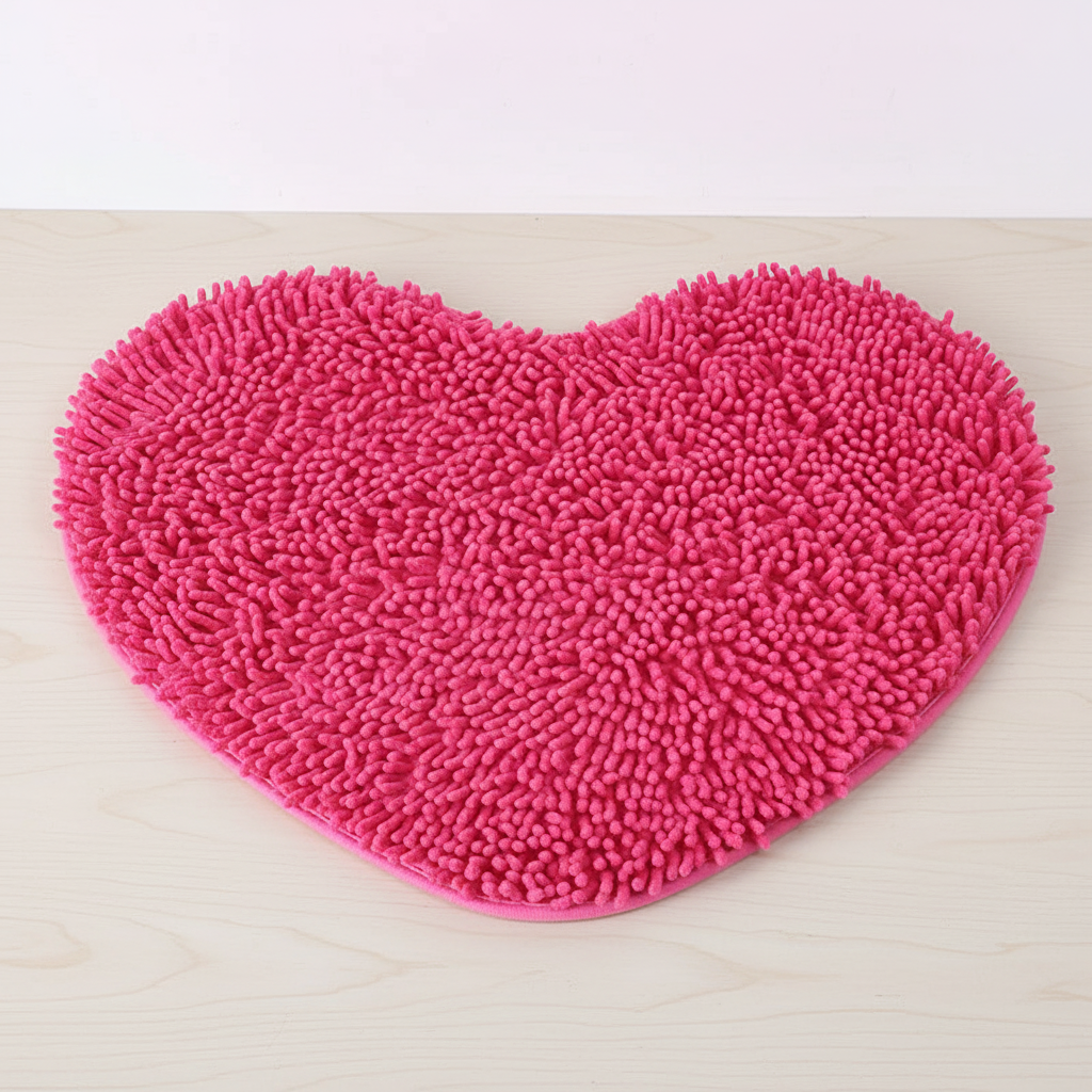 Stylish heart-shaped bathroom mat, microfiber plush, provides anti-slip safety and elegant bath decor