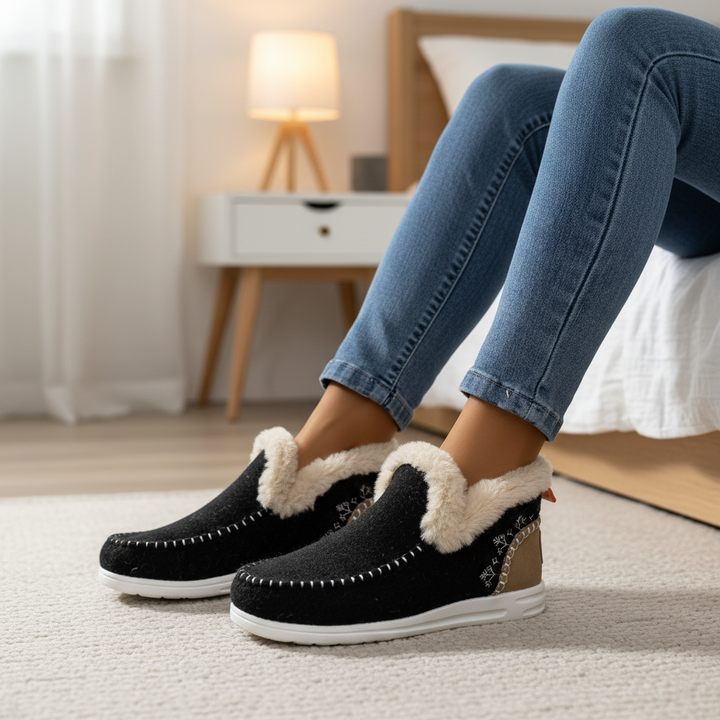 Plush-lined comfort slippers for women, ideal for warmth and support during winter, indoor/outdoor use.