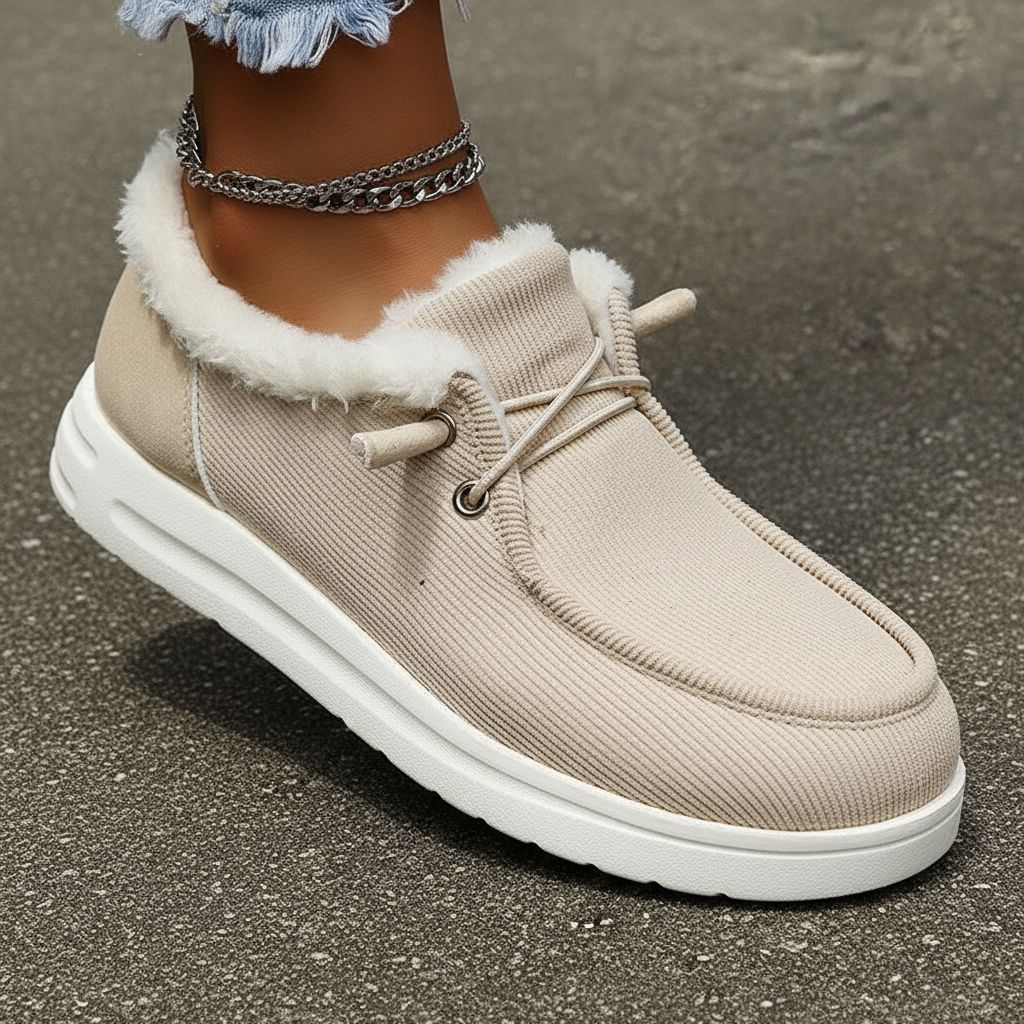 Close-up of plush-lined women's Elvira winter shoes, emphasizing warmth and comfort