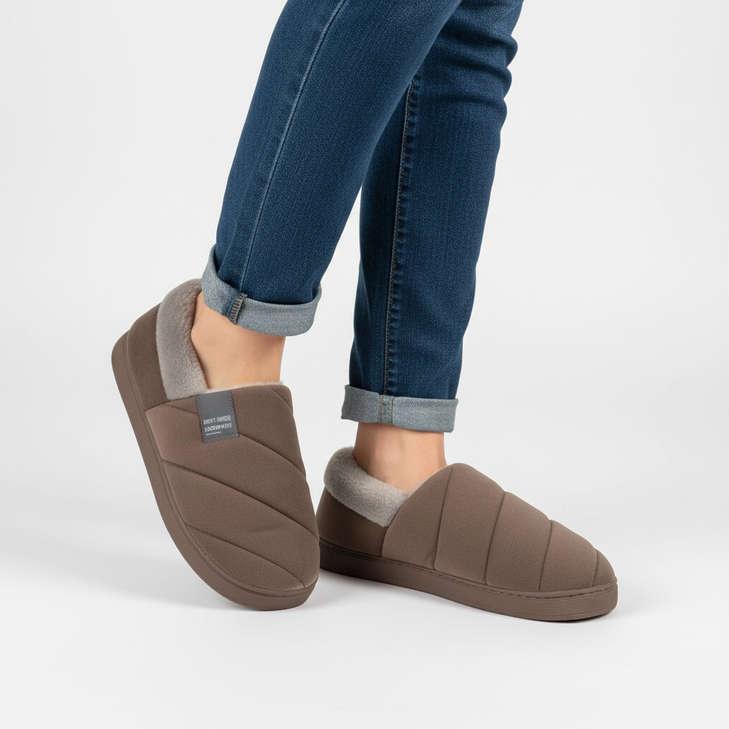 Bottom view of non-slip sole on women's fleece slippers, ensuring secure indoor steps