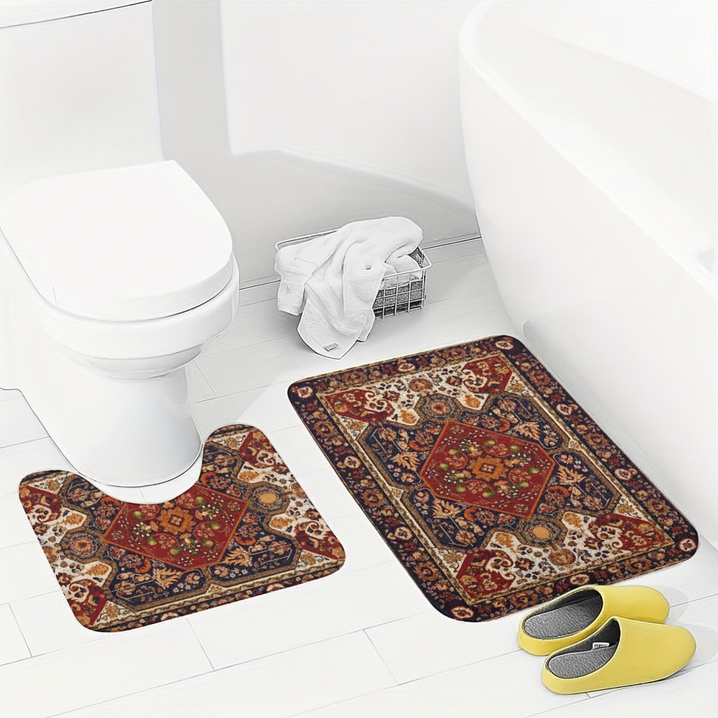 Plush LuxuriMat microfiber bath mat set in a charming floral print, offering superior absorbency and non-slip protection for bathroom floors.
