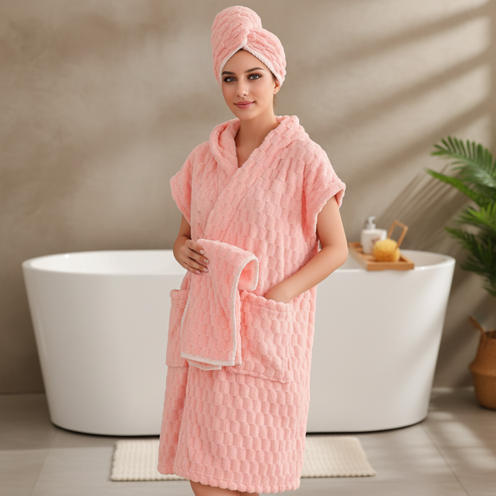 Plush microfiber 3-piece bathrobe set for women, soft spa robe and quick dry towels, cozy sleepwear.