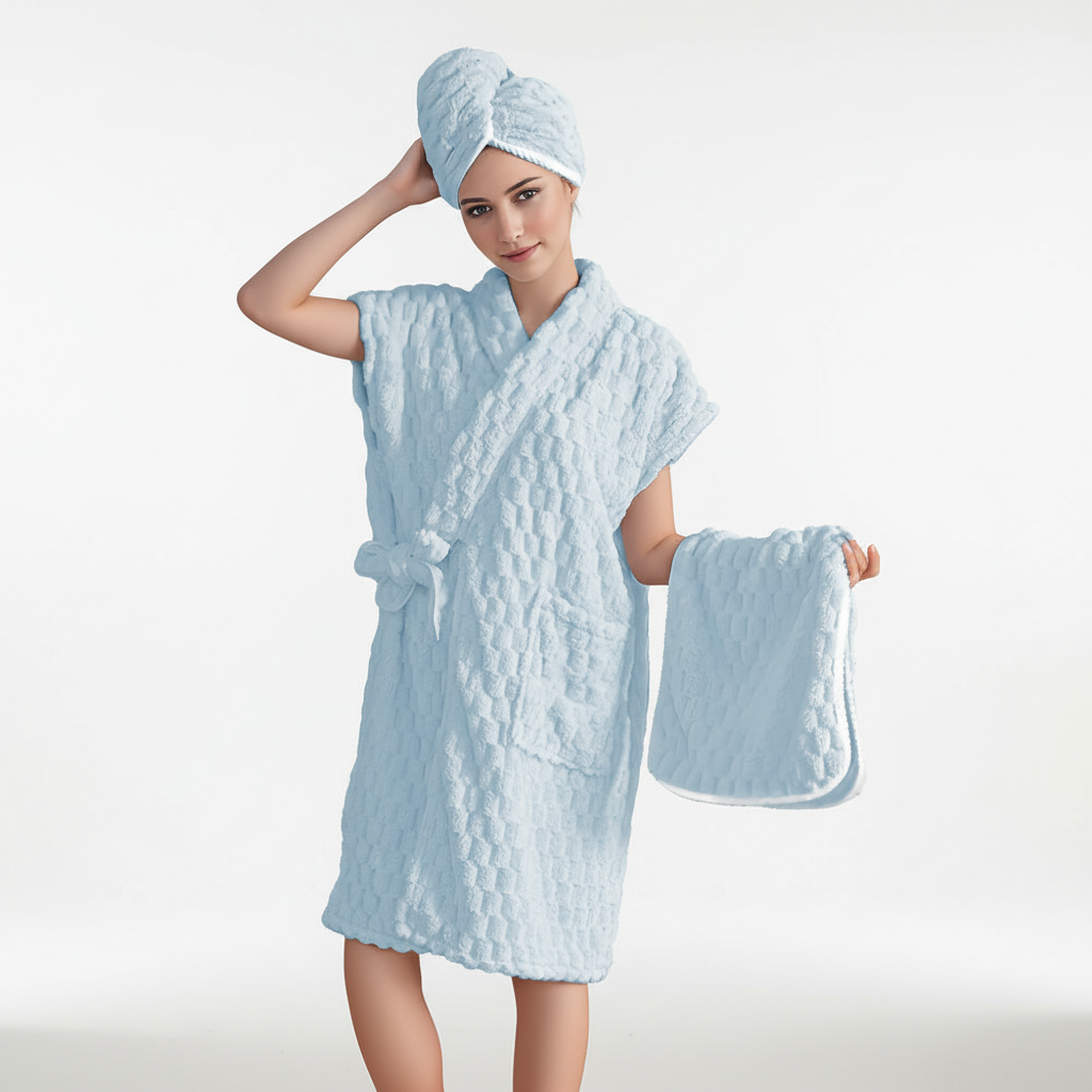 Women's spa robe set: plush microfiber bathrobe with two quick-dry towels, elegant loungewear.