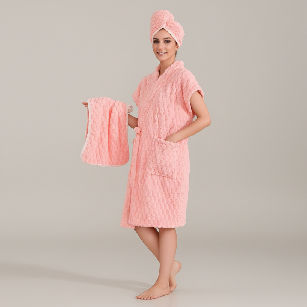 Soft white microfiber bathrobe on a hanger, part of a loungewear set for women's spa comfort