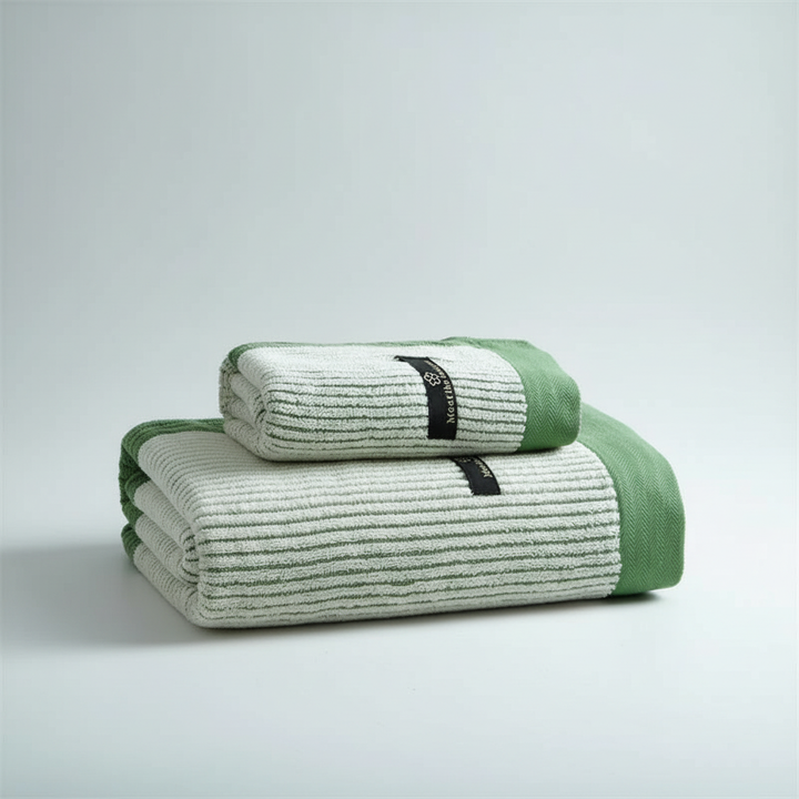 Naturally dyed organic cotton bath towel, draped for spa-like comfort, an eco-friendly home textile choice.