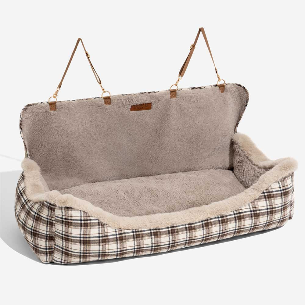 Elevated plush dog car seat provides a secure, comfortable view for pet travel safety.